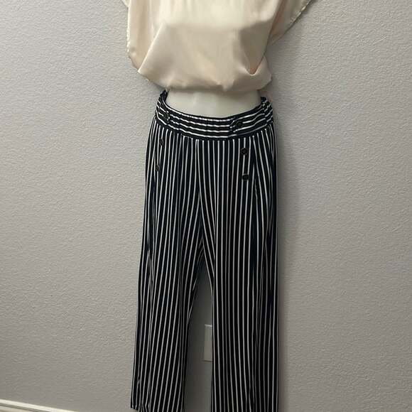 Sabrina Lauren Stripe Pull On Wide Leg Pants with Button Detail - Picture 2 of 4